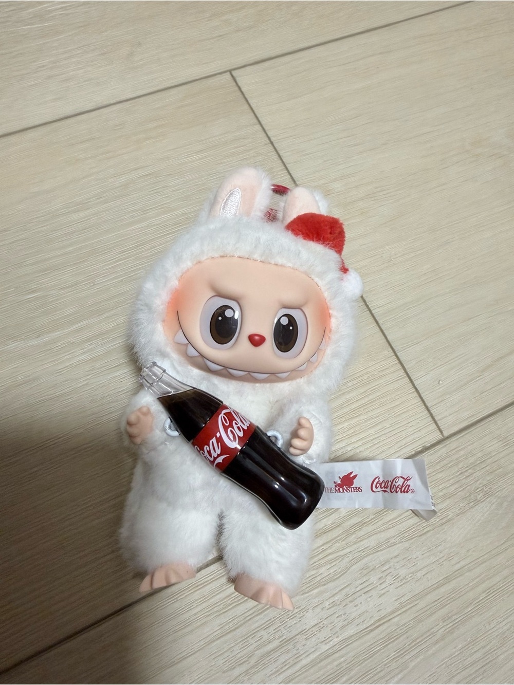 Cuddly White Bunny Plush with Red Bow and Cola Bottle
